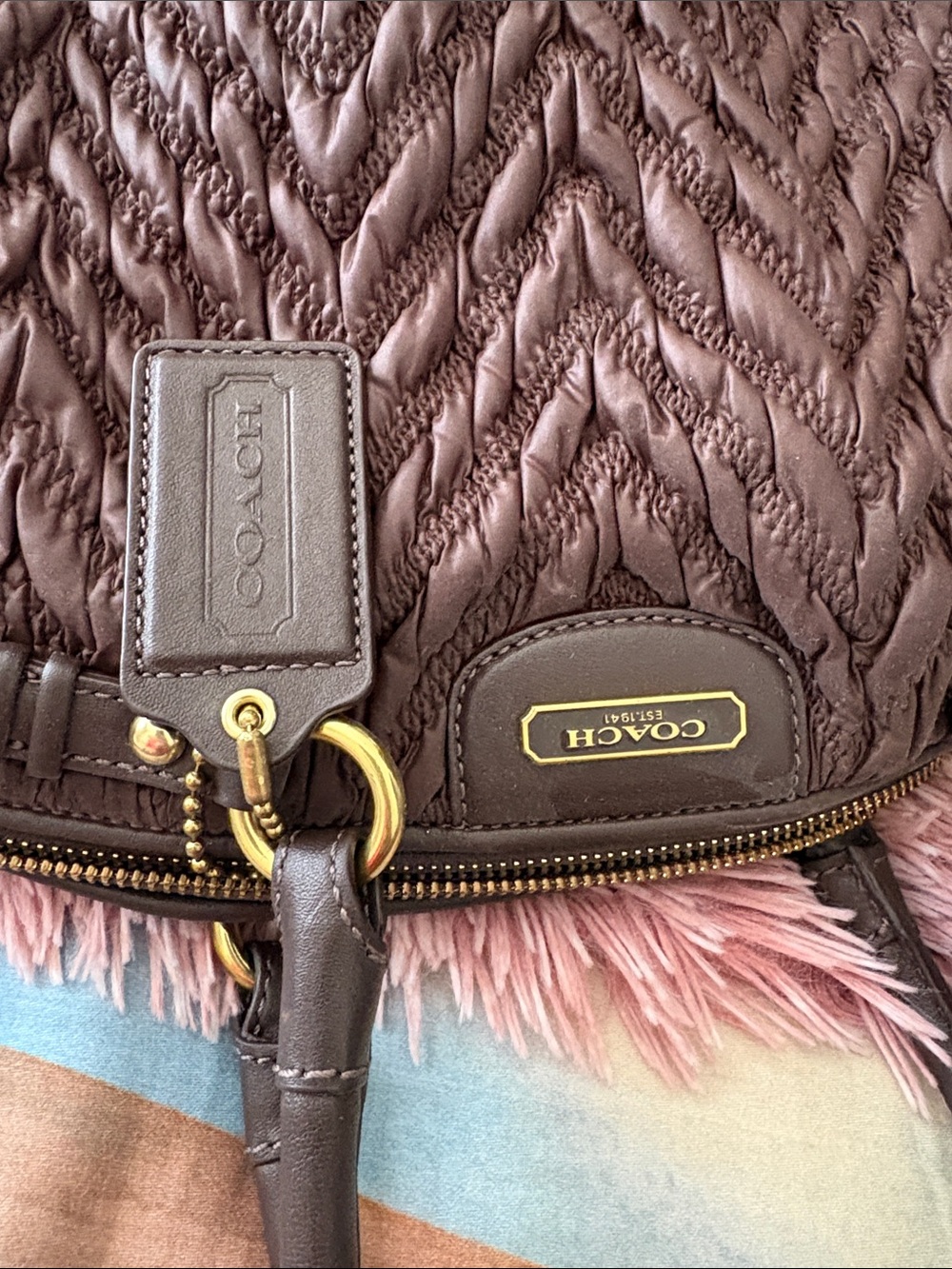 EUC. COACH Brown Quilted Ruched Leather Satchel with Gold-Tone Hardware - Picture 3 of 7